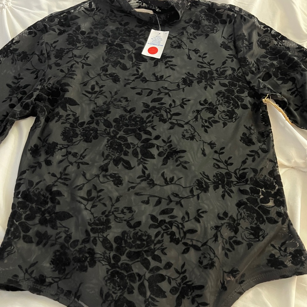 Paper Tee Black Sheer Top with Floral Design